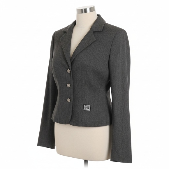 Versace Jeans Couture Gray Herringbone Cropped Blazer Medusa Buttons Size S